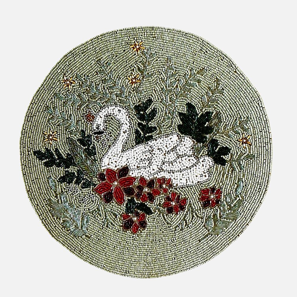 Tahari Beaded Swan Floral  Placemat Charger 15in Round Mossy Green New